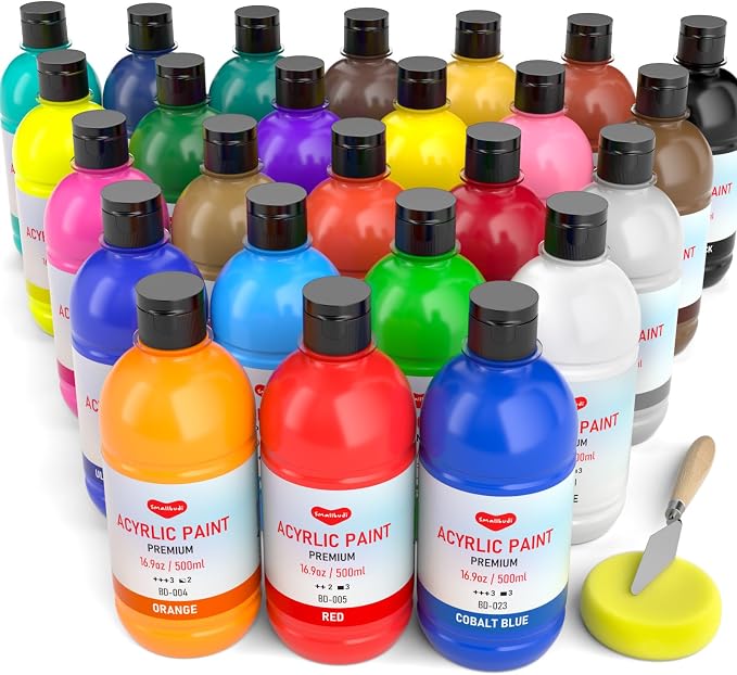 Smallbudi Bulk Acrylic Paint Set, 25 Colors 16.9oz for Artists & Beginners | Rich Pigment, Large Non-Toxic Acrylic Paint Kit for Adult Painting Party, Large-Scale Art, Ideal for Canvas Wood Crafts Rock