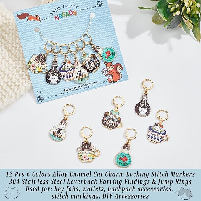 NBEADS 12 Pcs Cup Cat Stitch Markers, 6 Colors Alloy Enamel Cat Crochet Stitch Marker Charms Removable Locking Stitch Marker for Knitting Weaving Sewing Accessories Quilting Handmade Jewelry