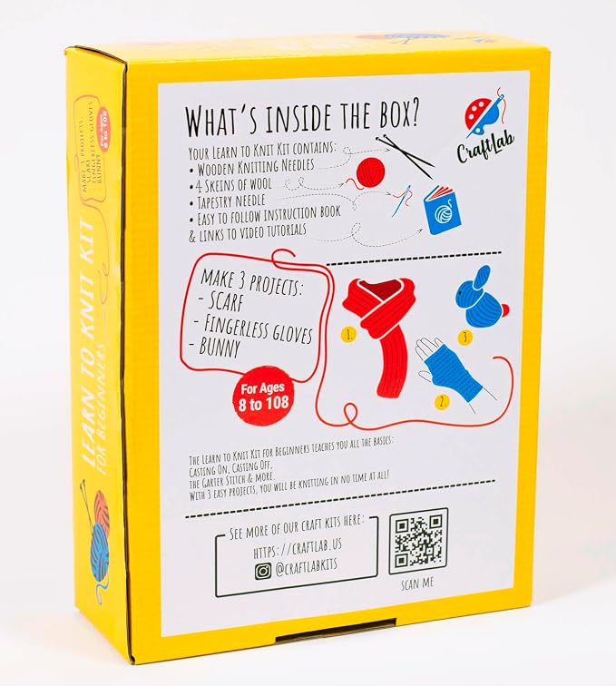 CraftLab Knitting Kit - Beginner Knitting Supplies with Wool Yarn, Needles, Instructions, DIY Gift
