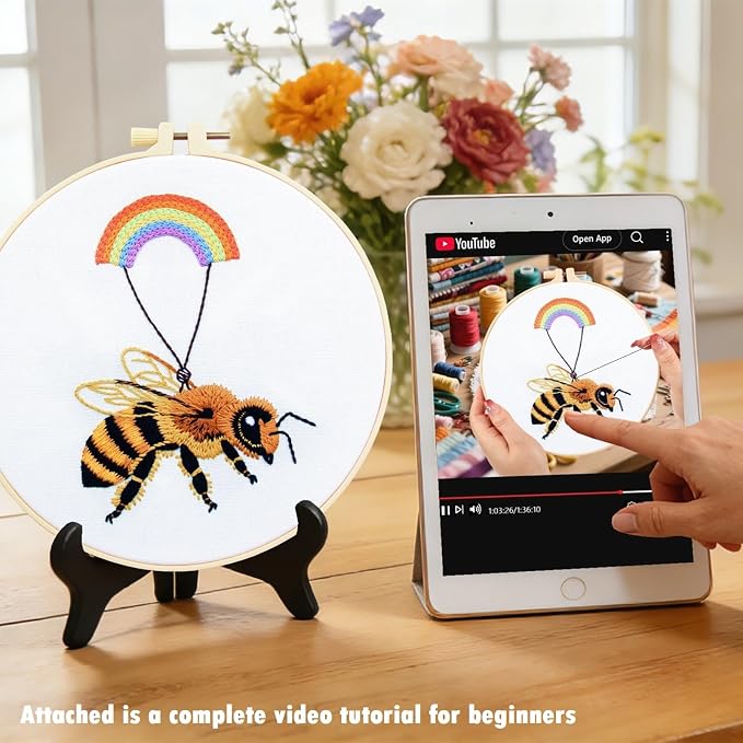 Crafmanoe Cute Bees Embroidery Kits for Beginners Adults, Hand Embroidery Starters Kits, Stamped Cross Stitch Kits DIY Needlepoint Kits for Beginners Adults, Embroidery Hoop, Thread and Video Tutorial