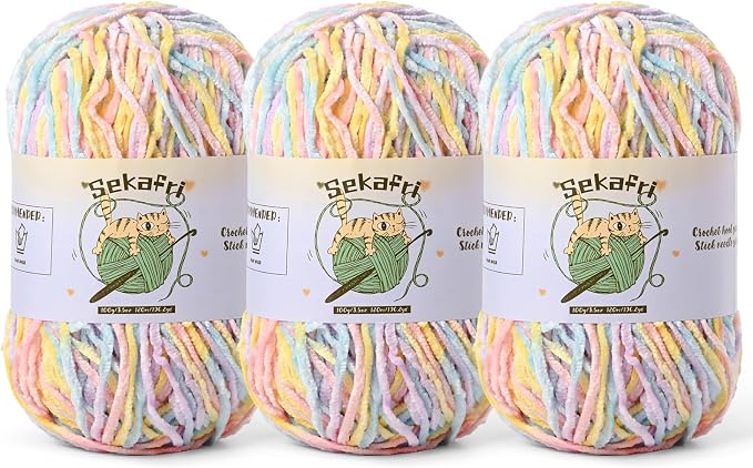 3 Pack of 300g (590yds) Fuzzy Chenille Yarn for Crocheting,Fluffy Amigurumi Crochet Yarn for DIY Craft/Hat/Clothes, Soft Velvet Baby Blanket Yarns (3 Macaron)