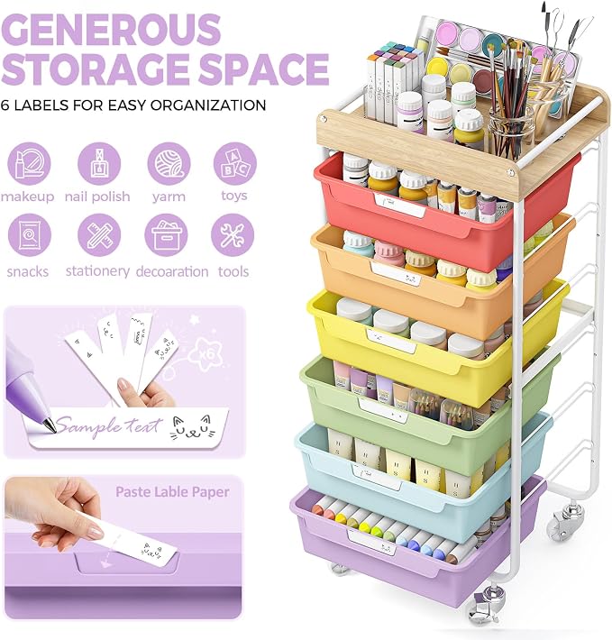 SYKIARIOL Utility Storage Cart with Jelly Bean Color Drawer for Classroom | Rolling Cart with Labeling 6 Drawers, for Kids Room, Dorm, School, Storage Study Arts Craft Sewing Supplies Organizers