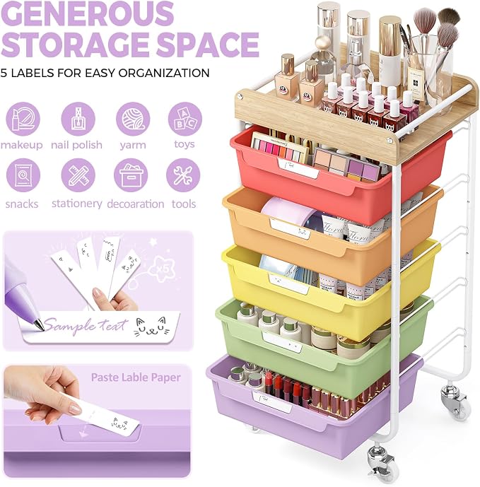 SYKIARIOL Utility Cart with 5 Labeling Drawers and Wooden Tabletop | Rolling Storage Cart for Crafters, Artists, Kids, Teachers, and Students – Organize Arts, Crafts, Sewing & Study Supplies