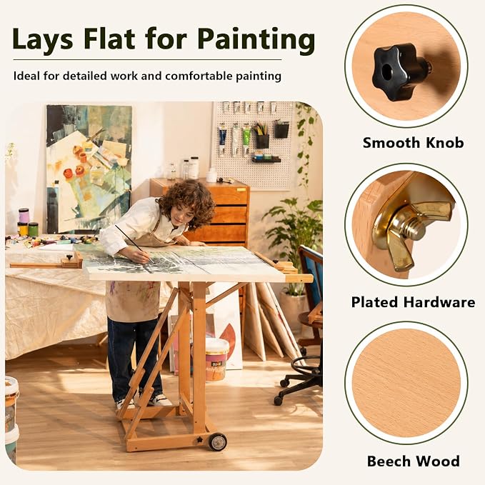DJAR Large H-Frame Painting Easel for Adults, Solid Beech Wood, Natural | Movable & Tilting Flat Floor Stand, Holds Canvases up to 78", Adjustable Heavy Duty Studio Art Easel for Artists