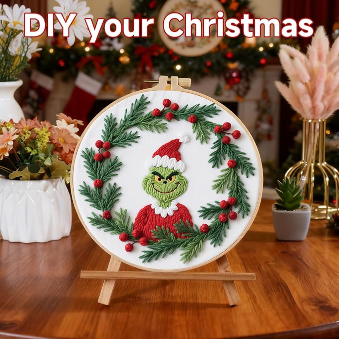 BBLYBD Christmas Embroidery Kit, 1 Set Cross Stitch Craft Kit for Beginners with Pre-Printed Embroidery Fabric, Hoop, Step-by-Step Instruction, Color Threads & Needles (Christmas-1 Set)