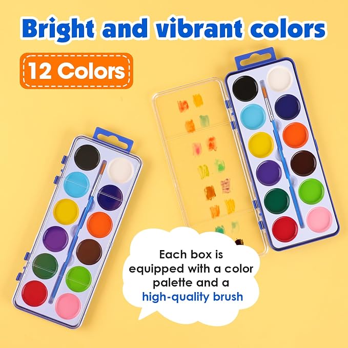 36 Pack Watercolor Paint Set Bulk, Washable Non-Toxic Water Colors for Kids | 12 Color Water Color Paint Set for Kids, Beginners and Adults, Water Paint with Paintbrush for Party Favor, Classroom
