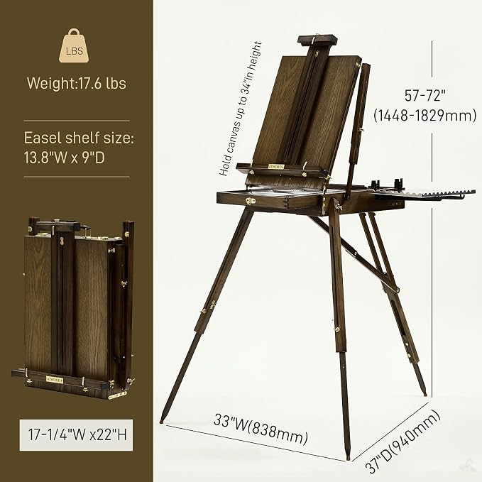 French Easel for Painting: Deluxe Beech Wood Plein Air Easel Stand with Metal Side Tray - Portable Sketchbox for Outdoor Field & Studio - Holds Canvas up to 34"- Gray Walnut