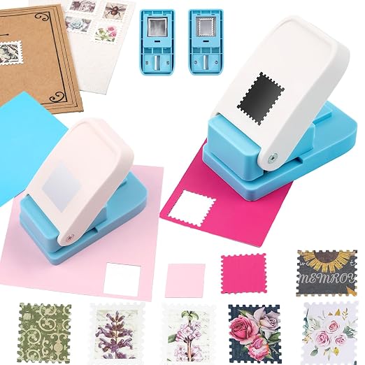 BAOFALI 2Pcs/Set 1X0.8inch Rectangular Postage Stamp with 1" Square Punch Set, Scalloped Rectangle Lever Action Craft Punch for Paper Crafting Scrapbooking DIY Card Making Arts Crafts Supplies
