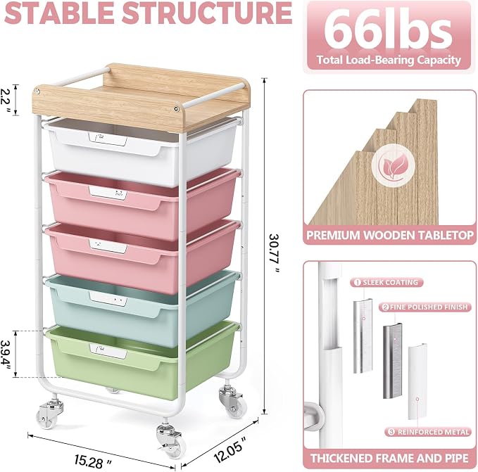 SYKIARIOL Utility Cart with Drawers,Craft Cart with 5 Drawers,Colorful | Art Supply Organizer,Rolling Drawer Cart,Craft Storage Cart,Storage Drawer Carts With DIY Lable and Wooden Tabletop Area