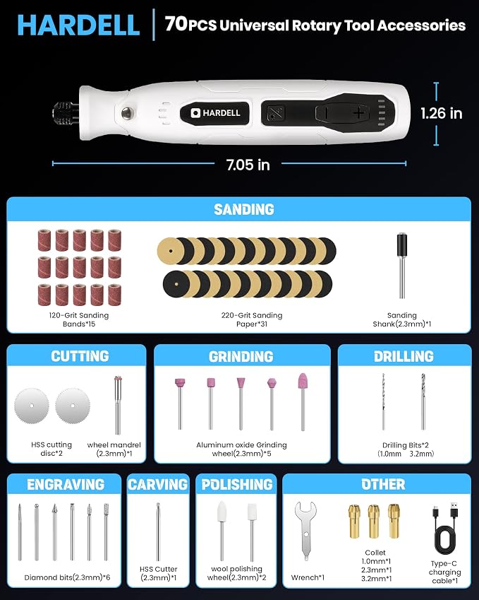 HARDELL Cordless Rotary Tool kit, 5-Speed 70pc Kit for Sanding & Engraving | 5000-18000RPM, LED Light, USB-C Fast Charge, Stall-Free Torque, for Polishing Jewelry, Resin, Wood, Plastic & DIY Crafts