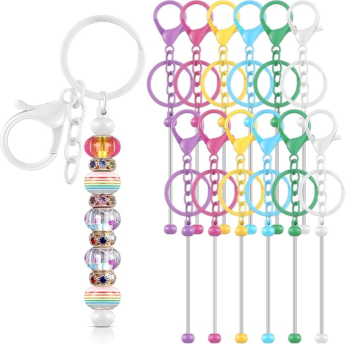 Tondiamo 12 Pcs Beadable Keychains Bars Bulk Blank Beaded Metal Keychain for Craft DIY Gift