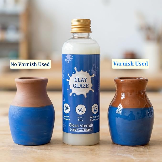 Air Dry Clay Glaze, 120ml High Gloss Polymer Clay Varnish, Prevent Clay Cracking, Scratch Resistant, Waterproof, for Pottery, Crafts, Clay Sealant with Brush & Measuring Cup (4fl oz)