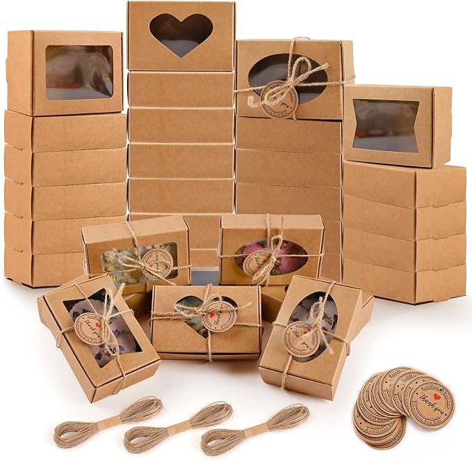 Soap Boxes for Homemade Soap, Soap Packaging Gift Box with Window | 3.54 X 2.36 X 1.18 Inch Soap Packaging Gift boxes Brown with Window, Small Rectangular Soap Boxes (32PCS)