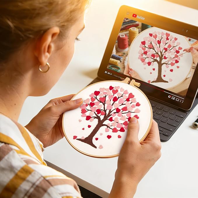 Love Heart Tree Embroidery Kits for Beginners Adults, Valentine's Day Hand Embroidery Kits, Cross Stitch Kits for Adult Anniversary Valentine's Gift, Entire Set of Embroidery Supplies & Video Tutorial