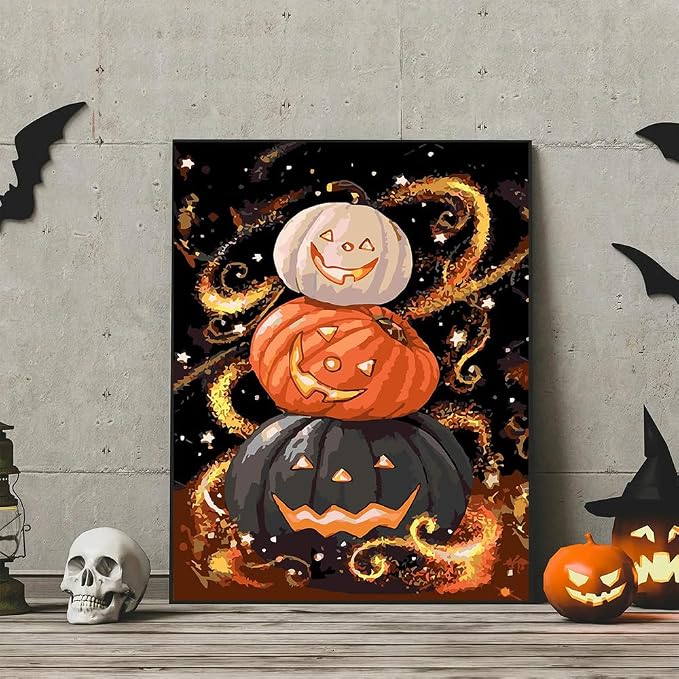 NEGEKFKX Halloween Pumpkin Paint by Numbers Kit for Adults Beginner with Frame,Horror Easy Adult Paint by Number Kits on Canvas DIY Painting for Beginners Art by Numbers for Home Wall Decor 12x8 Inch