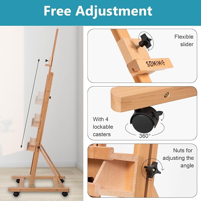 Beechwood H-Frame Artist Studio Easel with Wheels and Storage Tray, Natural