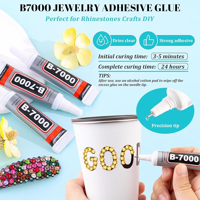 12100Pcs Resin Rhinestones for Crafting with 3Pcs 10ml B7000 Jewelry Glue, 2 Boxes Flatback Crystals Diamond (Golden Yellow) for Bedazzling Crafts DIY Nail Art, Gems for Clothing Shoes