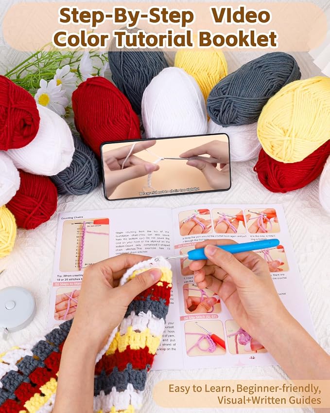 Aeelike Crochet Blanket Kit for Beginners, Colorful Mosaic Stripe,42PCS
