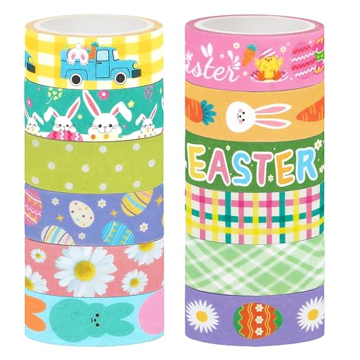 SANNIX 12 Rolls Easter Washi Tape 15mm Wide Rabbit Eggs Carrot Spring
