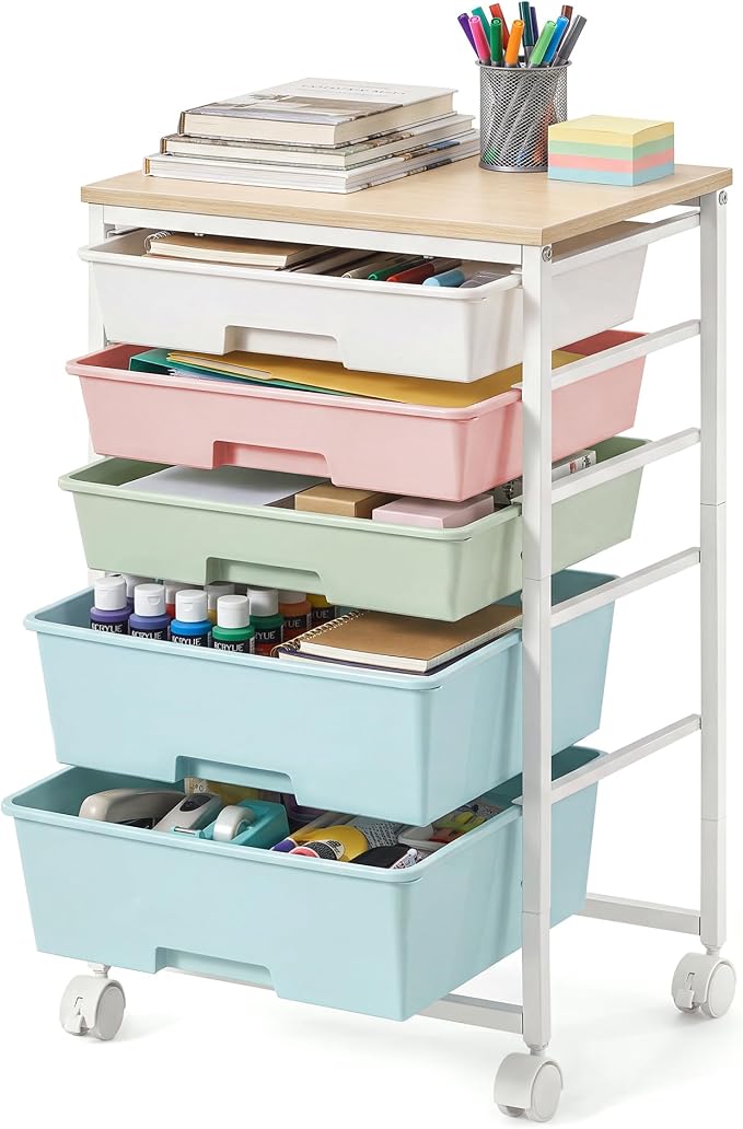VASAGLE Rolling Cart with Drawers,5 Drawers Storage Cart, Multicolor