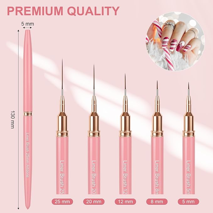 Artdone Metallic Nail Art Pens, Liner Brushes Set, 5PCS Pink Nail Tools
