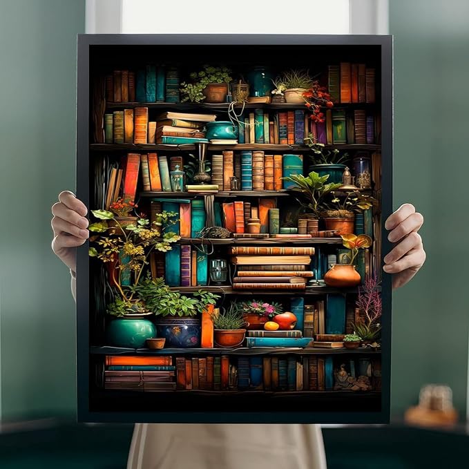 Bookshelf Paint by Numbers for Adults with Framed Canvas-with Wooden Easel,Paint by Numbers Kits Framed Canvas,DIY Acrylic Oil Painting Kits with Brushes Nice Gift Box for Home Wall Decor(12x16 Inch)