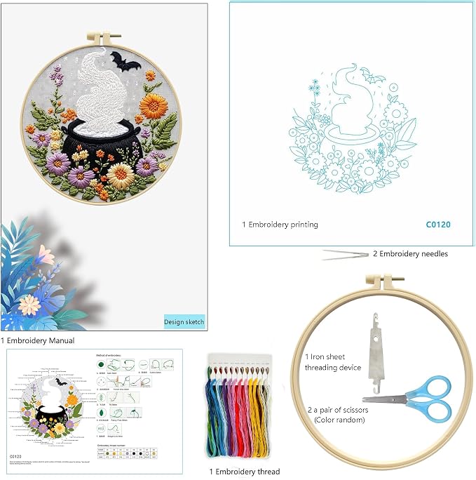 Zhenqing Halloween Cauldron Embroidery Kit for Beginners, Magic Pot Witch Decor Needlework Kit with Pre-Printed Cotton Fabric, Hoop, Threads & Tools, Spooky DIY Wall Art (C0120)