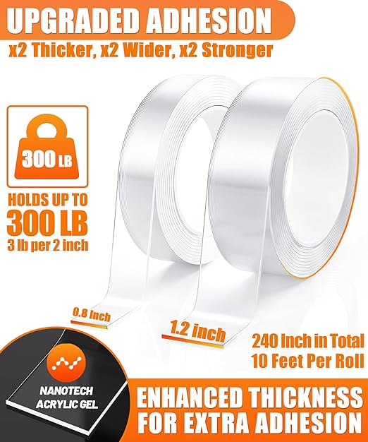Tatastar Double Sided Tape Heavy Duty (2 Rolls, 20 Feet) - Removable Waterproof Nano Mounting Tape, 1.2" & 0.8" Width for Picture Hanging, Wall Decor, Posters, Carpets, Rugs - Indoor & Outdoor Use