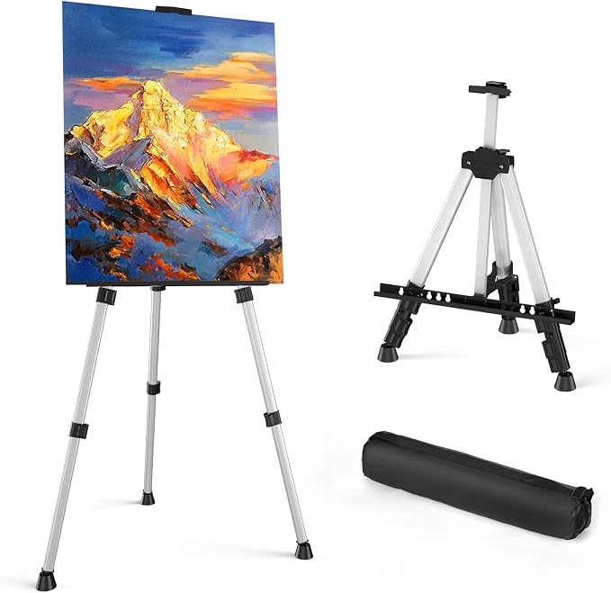 Art Painting Display Easel Stand - Silver Adjustable Floor Artist Easel | Aluminum Metal Tripod Silver Stand with Bag, Height from 17" to 66", Sturdy for Table-Top/Floor Painting, Drawing, Displaying