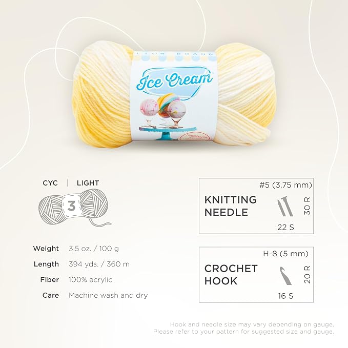 Lion Brand Yarn (1 Skein) Ice Cream Baby Yarn, Lemon Meringue Multicolor, 1182 Foot (Pack of 1)