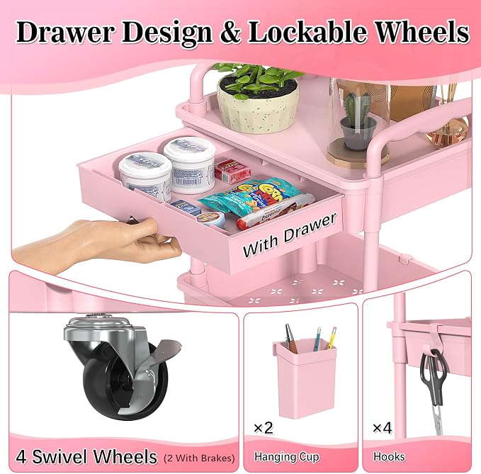 SUNALLY 3 Tier Rolling Cart with Drawer, Craft Storage Cart Organizer, Pink