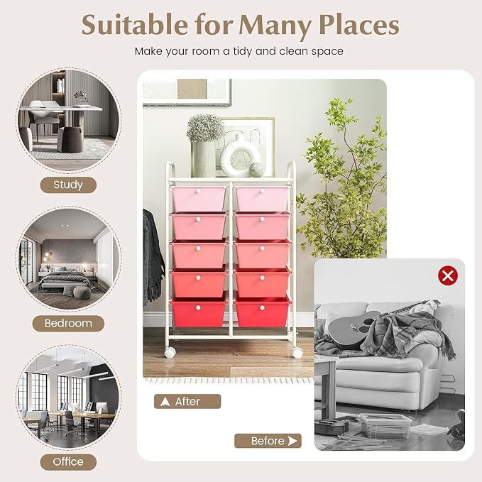 LDAILY 10 Drawer Rolling Cart, Storage Cart Organizer on Wheels, Drawer Cart with Metal Frame & Large Storage Capacity, Rolling Cart with Drawers for Living Room Classroom, Office