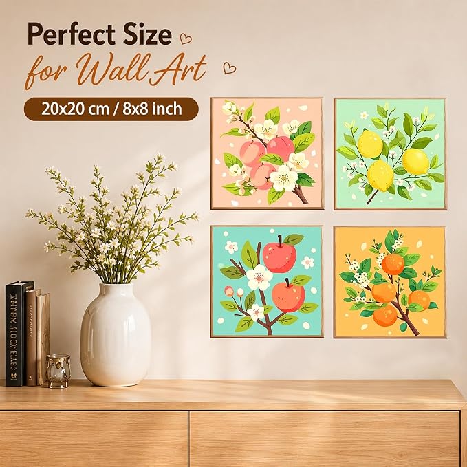 AUKELHJ 4 Pack Framed Paint by Numbers Kit for Adults, Fruit, 8x8 Inch