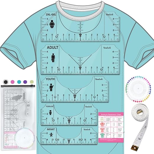 Vowlove T-Shirt Ruler for Precise Vinyl Alignment, Heat Press Guide Tool | Center & Left Chest Placement with Visual Size Icons for Cricut, Iron-on Vinyl, HTV, DTF, Sublimation Projects