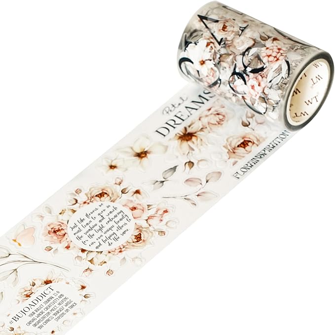 WT Pre-Cut Rosé Scripts Wide PET Tape, Single Roll, Original Designs, Blush Floral & Handwritten Script, Clear Decorative Tape for Junk Journal, Scrapbook, Bujo, Planner, DIY Crafts