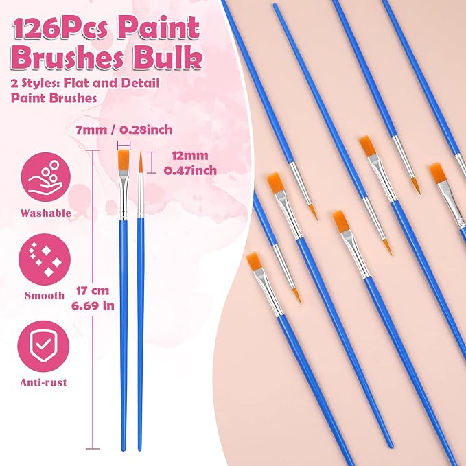 126 Pcs Small Paint Brushes Bulk, Flat and Round Pointed Paint Brushes Set for Kids Craft Brushes for Classroom Acrylic Oil Watercolor Canvas Face Painting | Tiny Paint Brushes Set for Crafts, Art Classroom, Acrylic, Oil, Watercolor, Canvas, Touch Up, ...