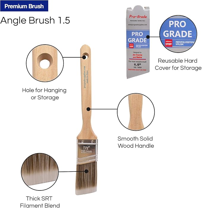 Pro Grade Angle Paint Brushes, Paint Brush Set for Trim & Walls, 6 Pc | Sash & cut-in detail | Furniture, cabinets, doors & fences | Interior & exterior | Latex, oil & stain | Medium stiff bristles