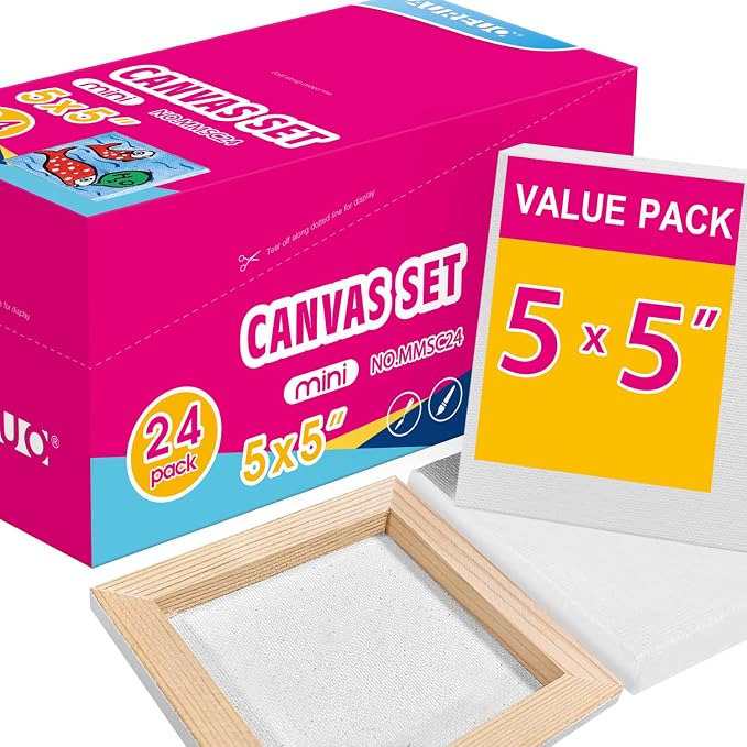 AUREUO Mini Stretched Canvas - 5x5 Inch/24 Pack - 2/5 Inch Profile Tiny Square Canvas Boards for Painting - Art Gift Set Bulk Pack Canvases for Acrylic Halloween Painting & Craft