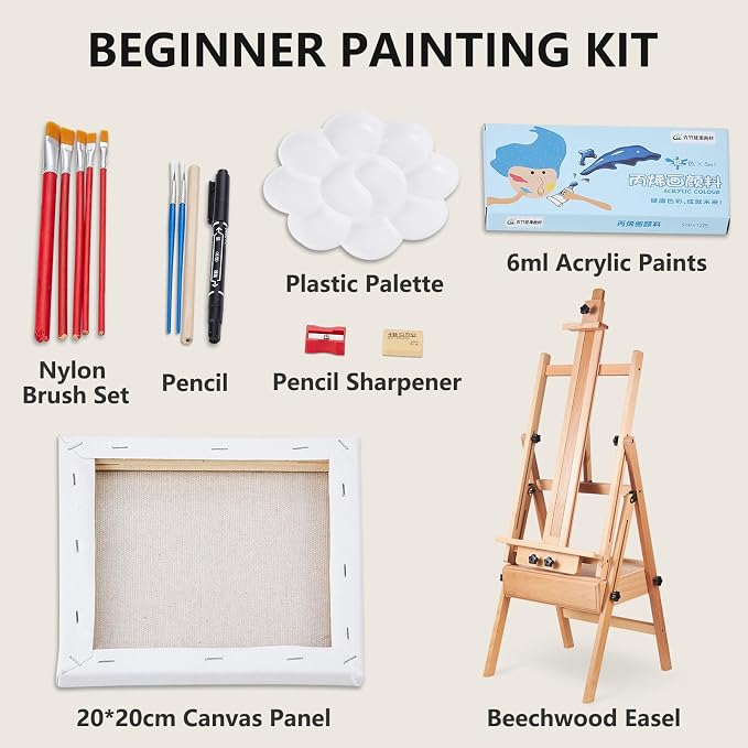 YOKUGO Beech Wood H-Frame Painting Easel with Storage Drawer, Natural