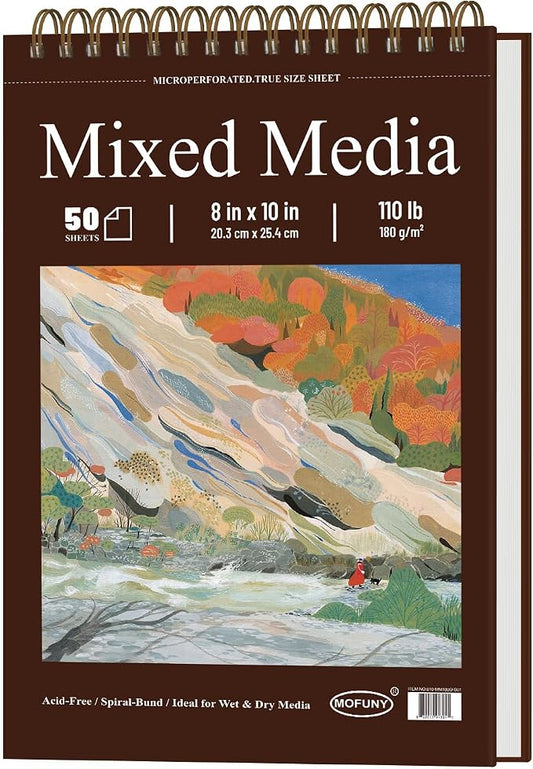 Mofuny Mixed Media Sketchbook 8x10, 50 Sheets - 110lb/180gsm Mixed Media Paper | Art Paper for Acrylic Painting, Watercolor Sketchbook, Ink, Markers, Pencil, Artist Supplies for Adults.
