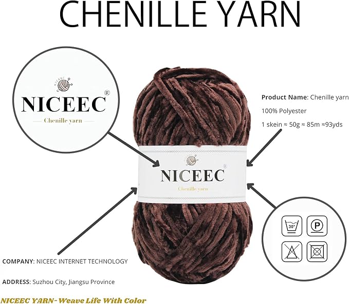 NICEEC 3 Skeins Soft Chenille Yarn 3 x85m (3X 93yds, 3X 50g)_Brown Series