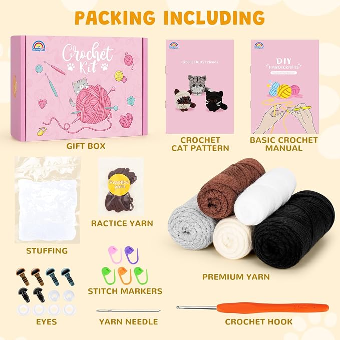 Crochet Kit for Beginners, Cat Crochet Kit for Adults Beginner | Complete DIY Crochet Starter Kit with Step-by-Step Video Tutorials, Easy Knitting Kit Cat Crochet Gifts