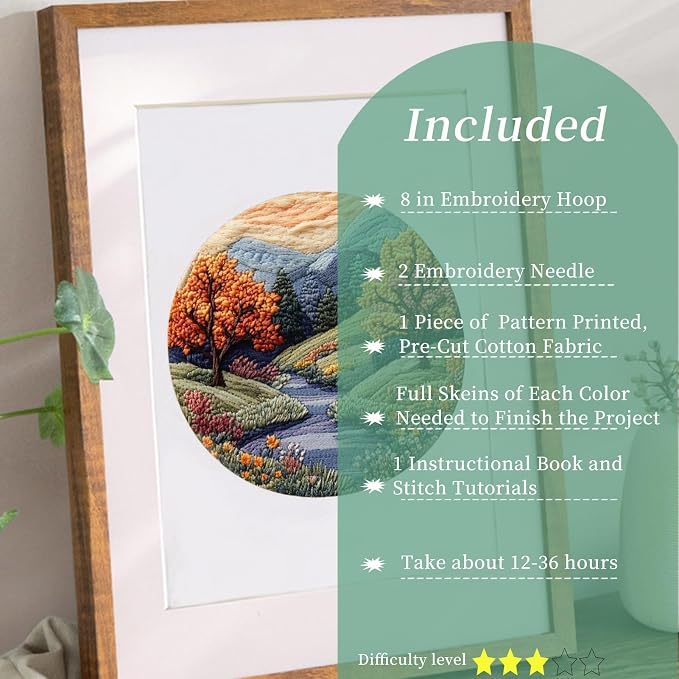 FONNUY Embroidery Kit for Beginners, Boho Nature Landscape Pre-Stamped Pattern Kits for Adults with Hoop, Easy to Follow Color Thread Needlework, 8'' Hoop (Mountain Trail)