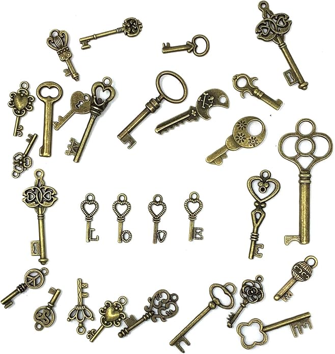 125 PCS Vintage Skeleton Key Set Charms, JIALEEY Mixed Antique Style Bronze Brass for Pendant DIY Jewelry Making Wedding Party Favors