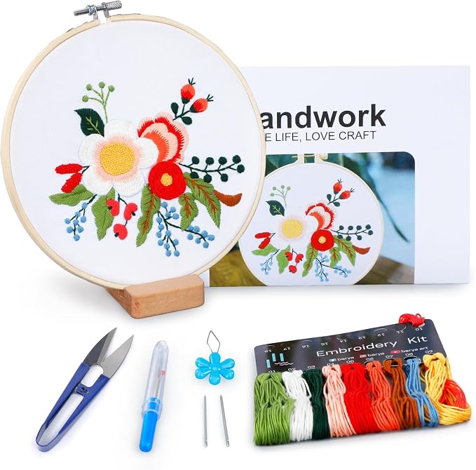 BERYA Embroidery Kit for Beginners, Flowers and Leaves Embroidery Practice Kit, Hand Floral Embroidery Starter Kit for Adults with Video Step by Step Instructions, Hoops, Threads and Needles (BEF014)
