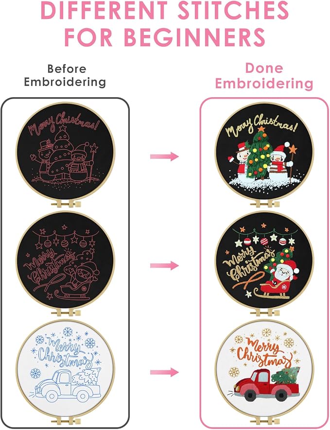 TINDTOP Christmas Embroidery Kit for Adult Beginners, 3 Sets Embroidery Stitch Practice kit Include Embroidery Cloth Hoops Threads for Craft Lover Hand Stitch | 3 Sets for Beginners, Include Embroidery Cloth Hoops Threads for Craft Lover Hand Stitch