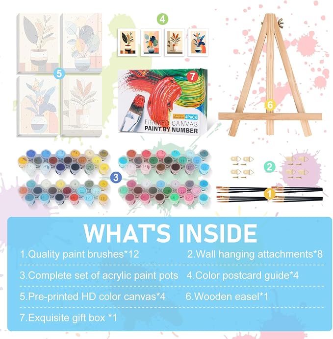 4 Pack Framed Paint by Numbers Kit for Adults with Wooden Easel, 8x12 Inch | Potted Plant, Easy DIY Acrylic Canvas Craft Kit with Frame for Beginners, Home Decor, Stress Relief Relaxing Hobby Gift