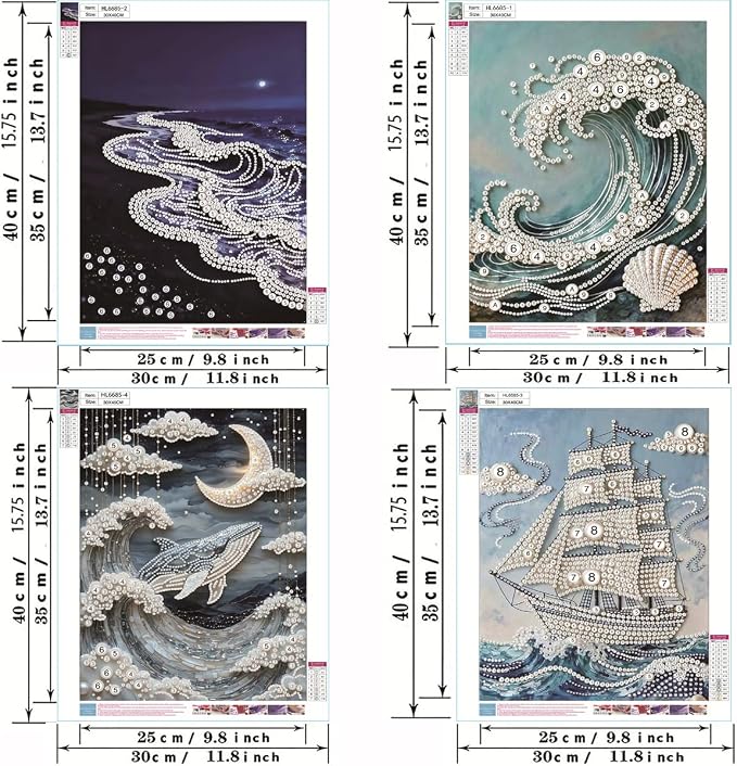 4 Packs Pearl Diamond Painting Kits for Adults Waves Sailboats 12 x 16 inch | Sea Wave Design, Diamond Art by Numbers, Special Shape Pearl Dots, DIY, Home Wall Decor