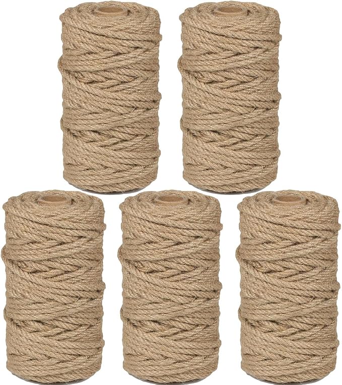 5Pack 4mm Natural Jute Twine Rope 600 Feet Twisted Heavy Duty Thick Twine for Cat Scratching Post Tree Craft Projects Garden Home Decoration Packing Bundling (Brown-120Feet/Roll)