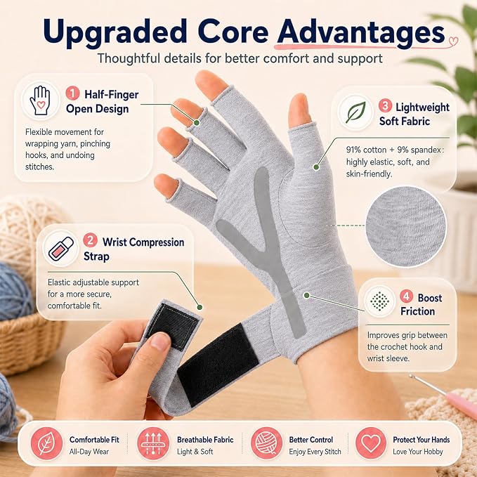 Coopay Crochet Gloves, Fingerless Compression Gloves with Anti-Slip Grip, M | Ergonomic Crochet Accessories for Hook Control, Knitting & Crafting, Left and Right Hand Design, 2 Pcs